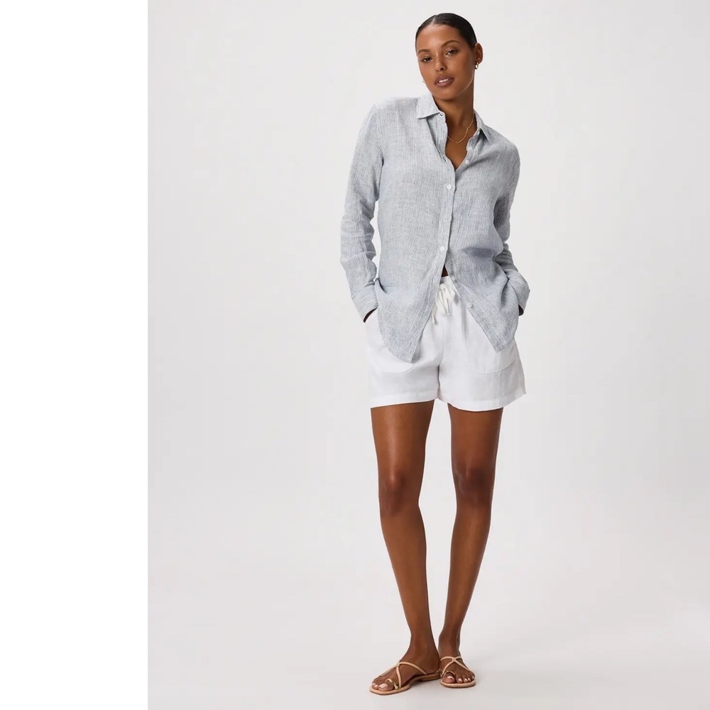 Quince 100% European Linen Pinstripe Button Front Shirt Blue White Womens M $80 - Picture 2 of 10